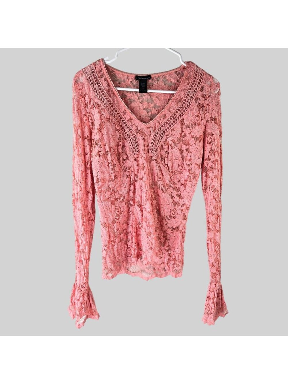 Pink Floral Lace Bell Sleeve Blouse Sz Medium Sheer Festival Fairy Coquette Top